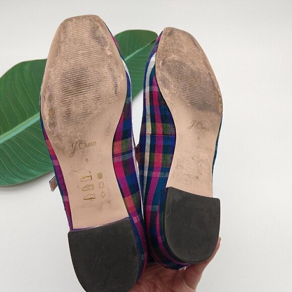 J Crew Poppy Plaid 2 Ankle Strap Ballet Flats Size 8 Purple Madras Rare Festive - Picture 6 of 7